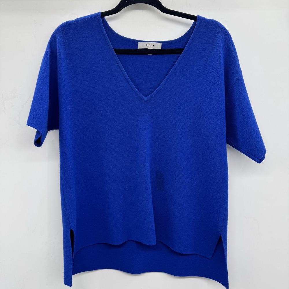 Milly‎ Womens Royal Blue V-Neck Short Sleeve Knit Top High-Low Hem Size S